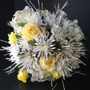 Yellow Rose & White Artificial Flower Bridal Wedding Bouquet - Handcrafted